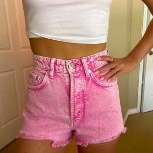 Zara hot pink distressed denim shorts